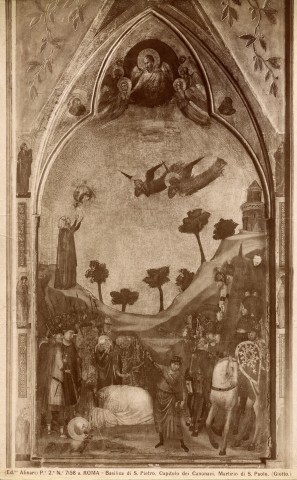 Alinari, Fratelli — Roma - Basilica di S. Pietro, Capitolo dei Canonici. Martirio di S. Paolo. (Giotto) — particolare, faccia anteriore, scomparto di destra